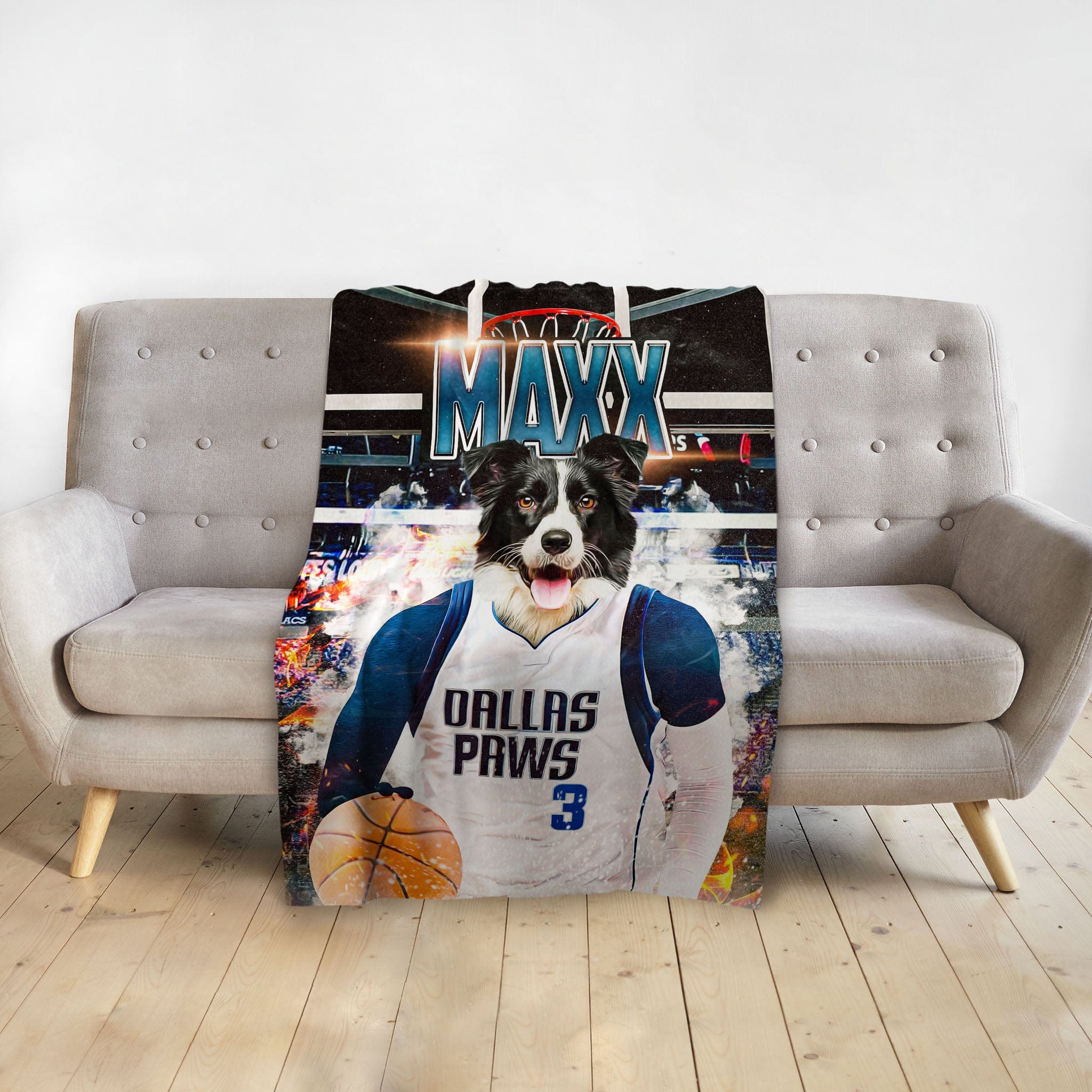 Personalized Dallas Mavericks Doggos pet blanket with a Border Collie in a basketball uniform.