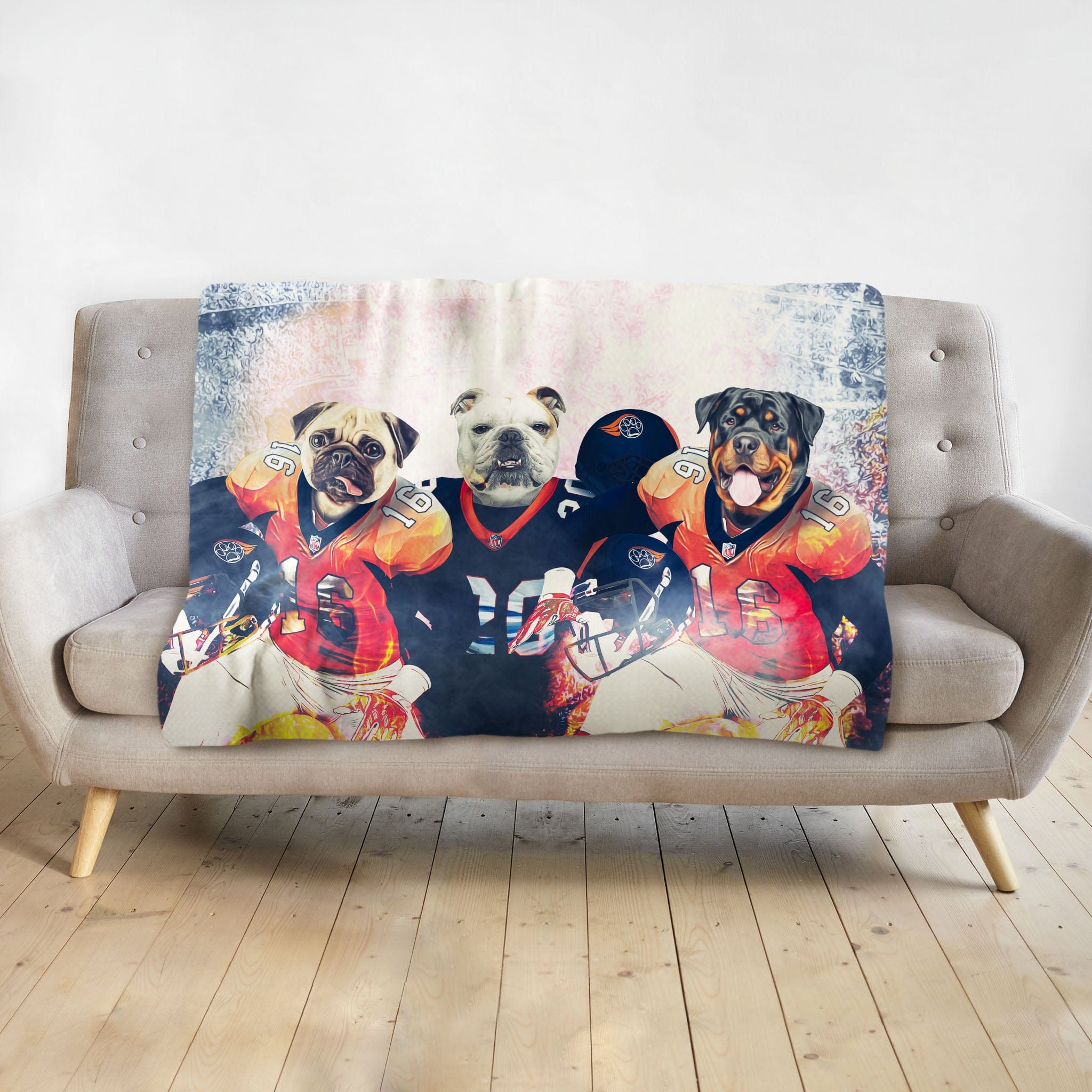 Personalized 3-pet blanket with dogs in football uniforms, a pug, bulldog, and rottweiler.