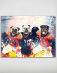 Personalized 3-pet poster featuring a pug, bulldog, and rottweiler in Denver Broncos football uniforms.