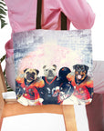 Personalized 3 pet tote bag with dog portraits in football uniforms against a stadium backdrop.