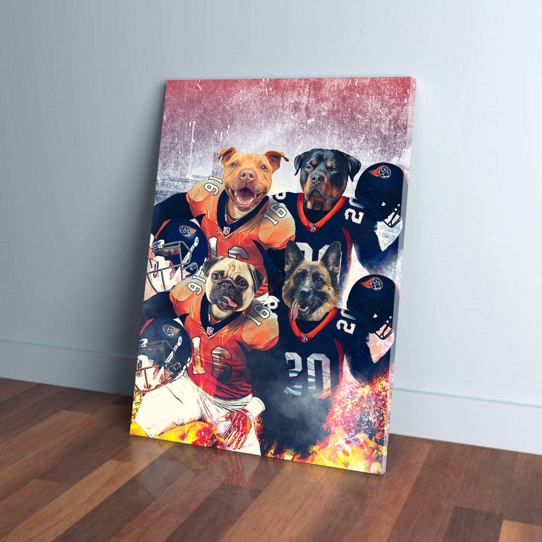 Personalized 'Denver Doggos' canvas featuring four pets in football jerseys and helmets.