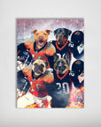 Personalized 4-pet poster featuring a pit bull, rottweiler, pug, and German shepherd in orange and navy football jerseys.