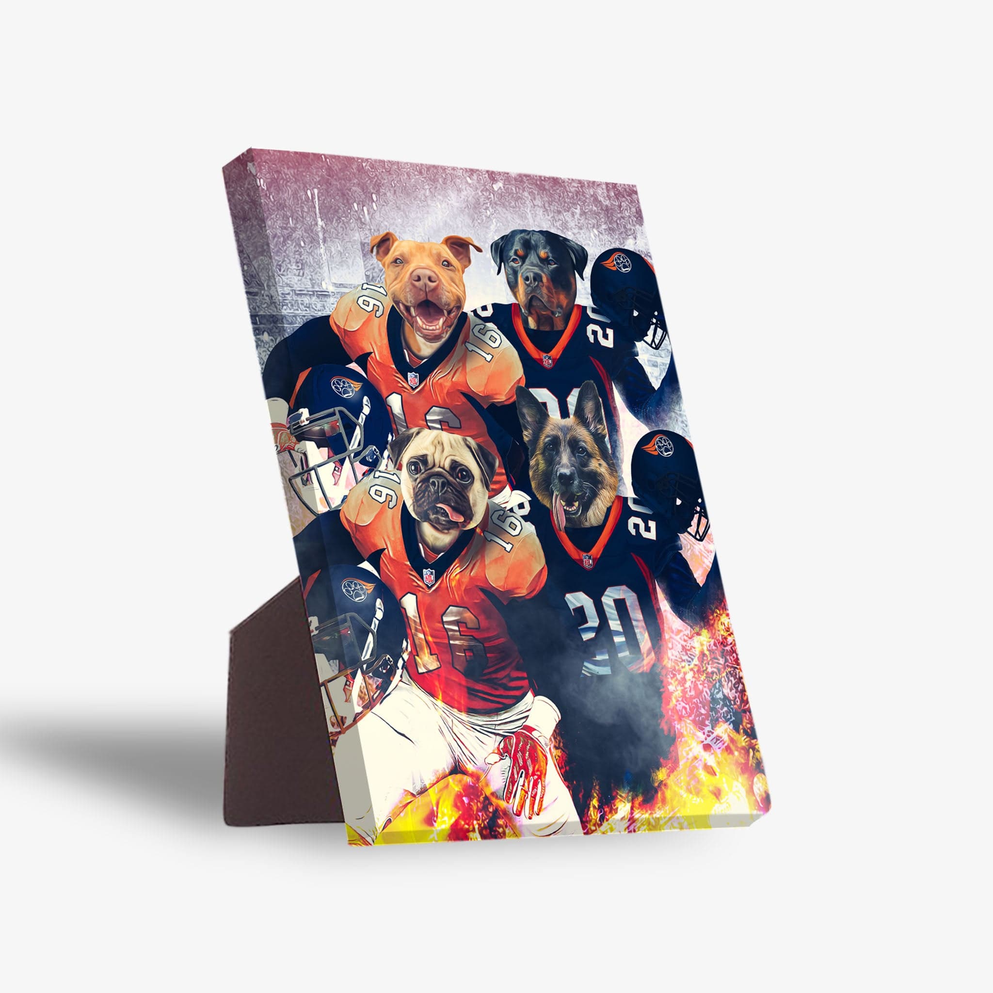 Personalized 4-pet standing canvas featuring dogs in orange and blue football jerseys.