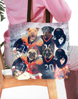 Personalized 4-pet tote bag with dogs in football uniforms, Denver Doggos style.