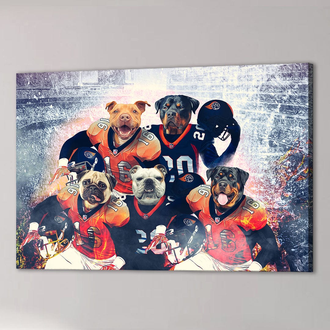 Personalized 'Denver Doggos' 5 pet canvas featuring dogs in football uniforms on a stadium background.