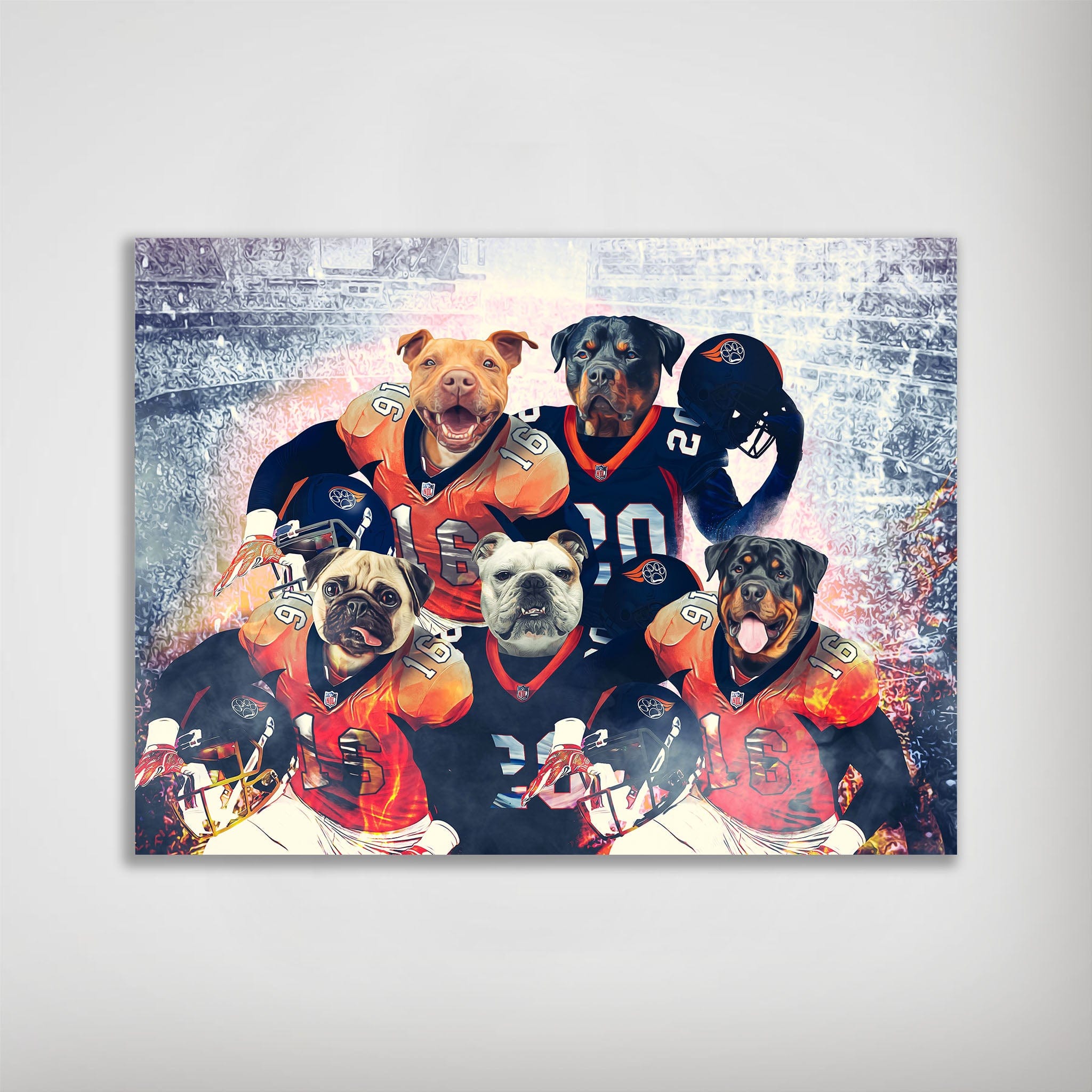 Personalized 5 pet poster featuring dogs in orange and blue football jerseys.