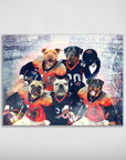 Personalized 5 pet poster featuring dogs in orange and blue football jerseys.