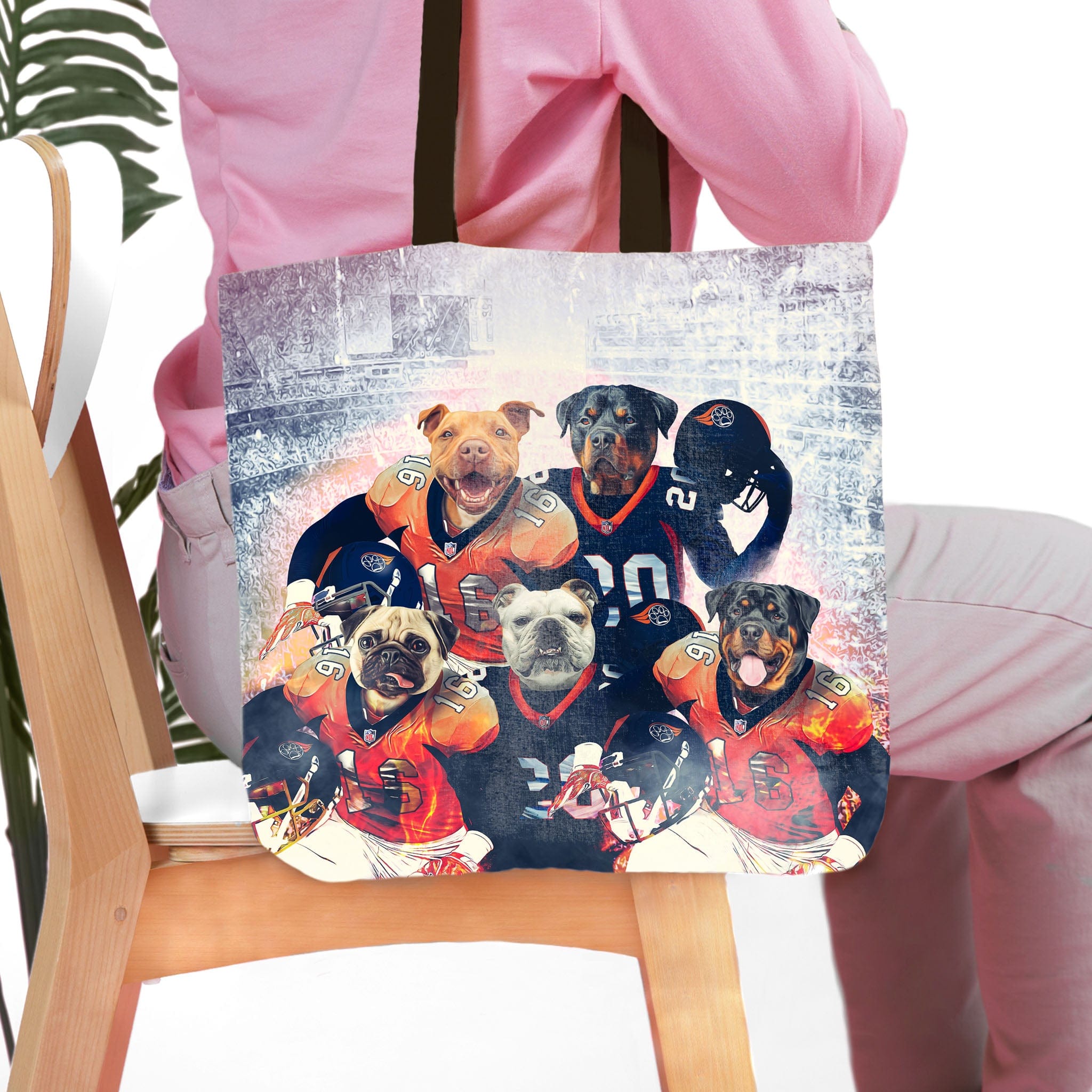 Personalized 5-pet dog portrait tote bag with pets in football jerseys.