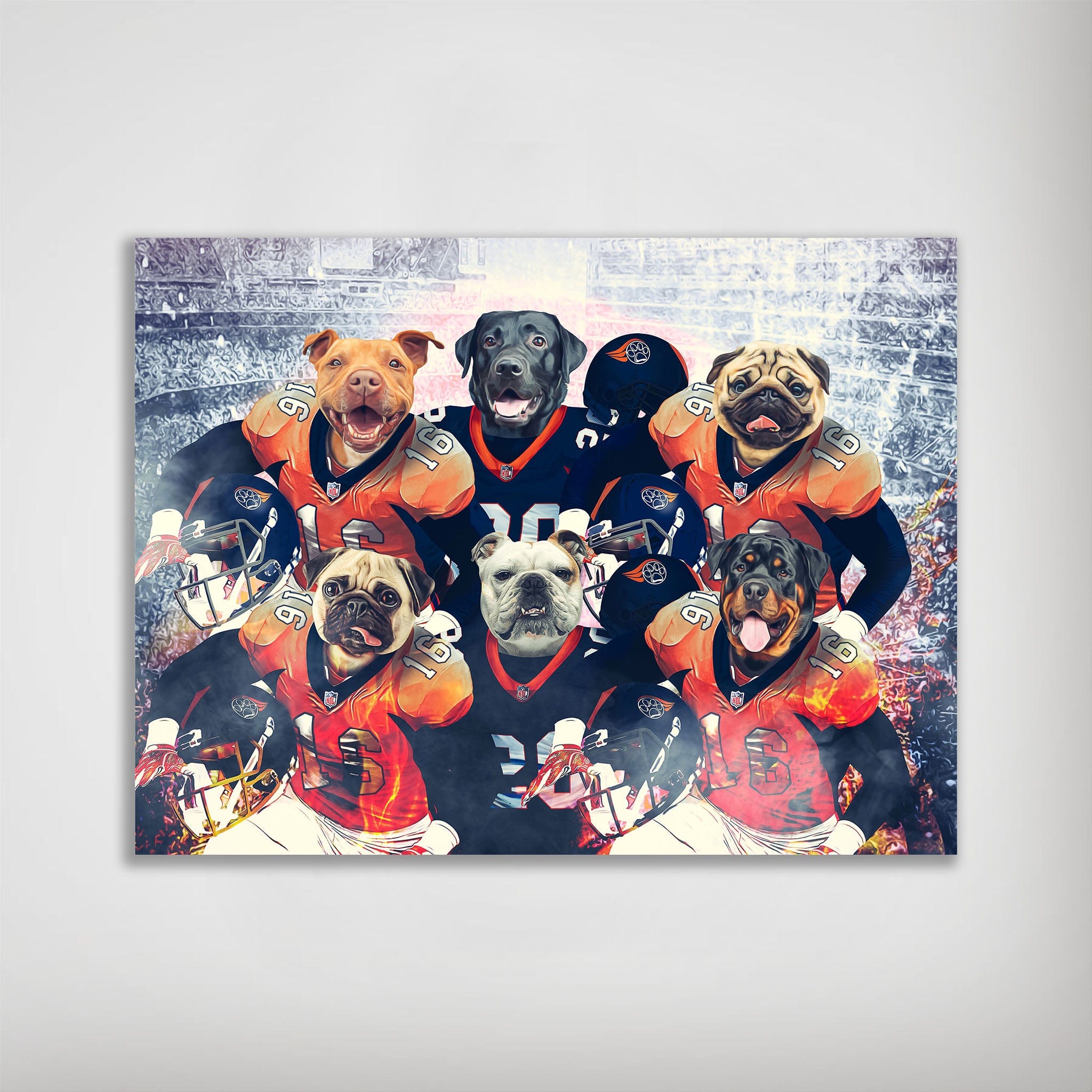Personalized 6-pet poster featuring dogs in Denver Broncos football uniforms against a stadium backdrop.