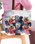 Personalized 6-pet tote bag with dogs in football uniforms, a custom pet portrait design.