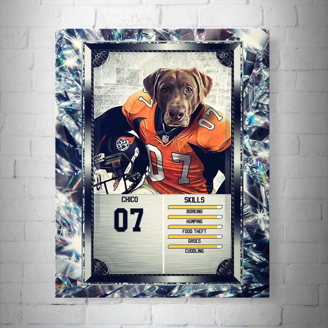 Personalized 8x10" matte poster featuring a brown dog in an orange football jersey, number 07, on a trading card design.