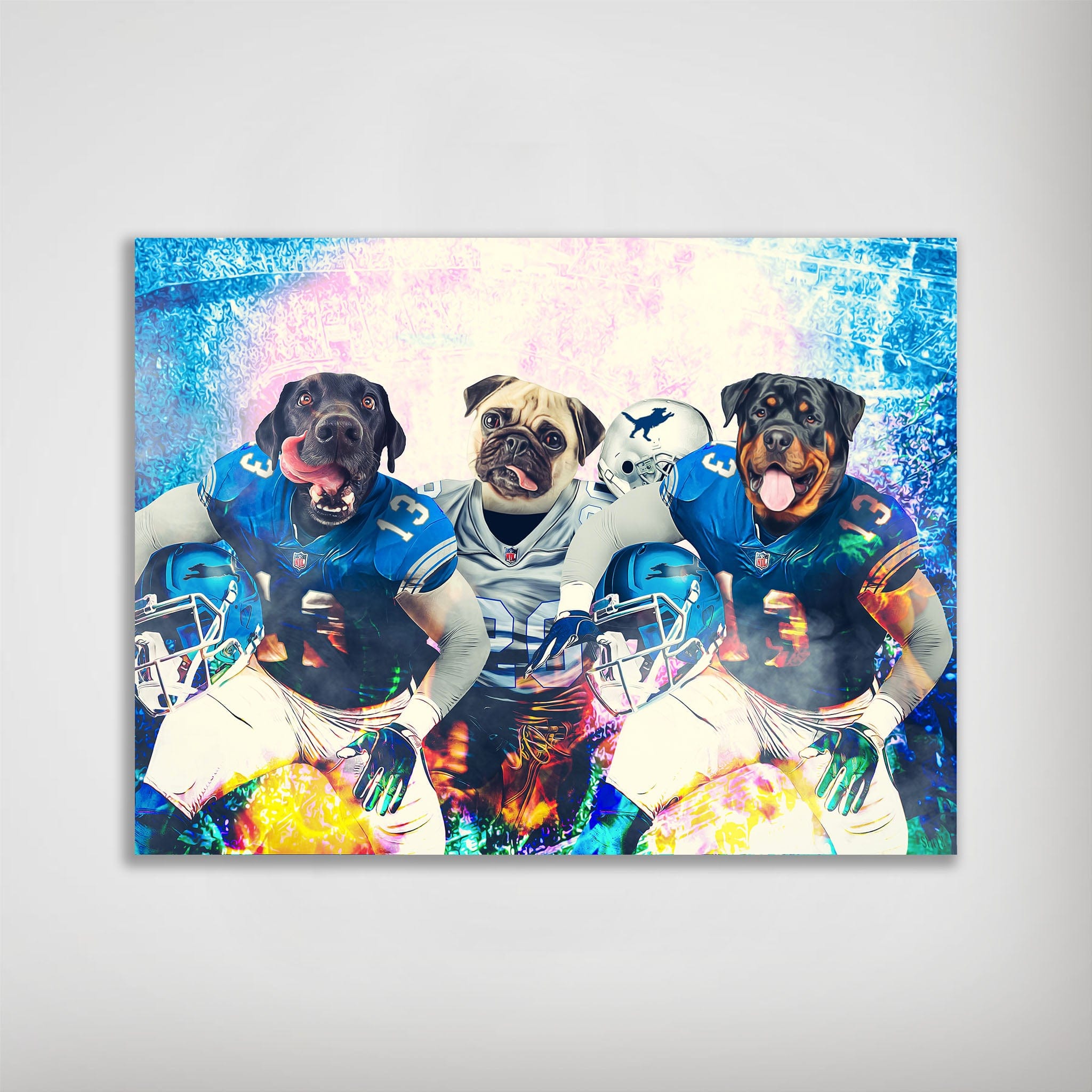 Personalized 'Detroit Doggos' 3 pet poster featuring a Labrador, Pug, and Rottweiler in blue football uniforms.