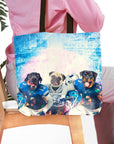Personalized 3 pet tote bag with dog portraits in football uniforms on a blue background.