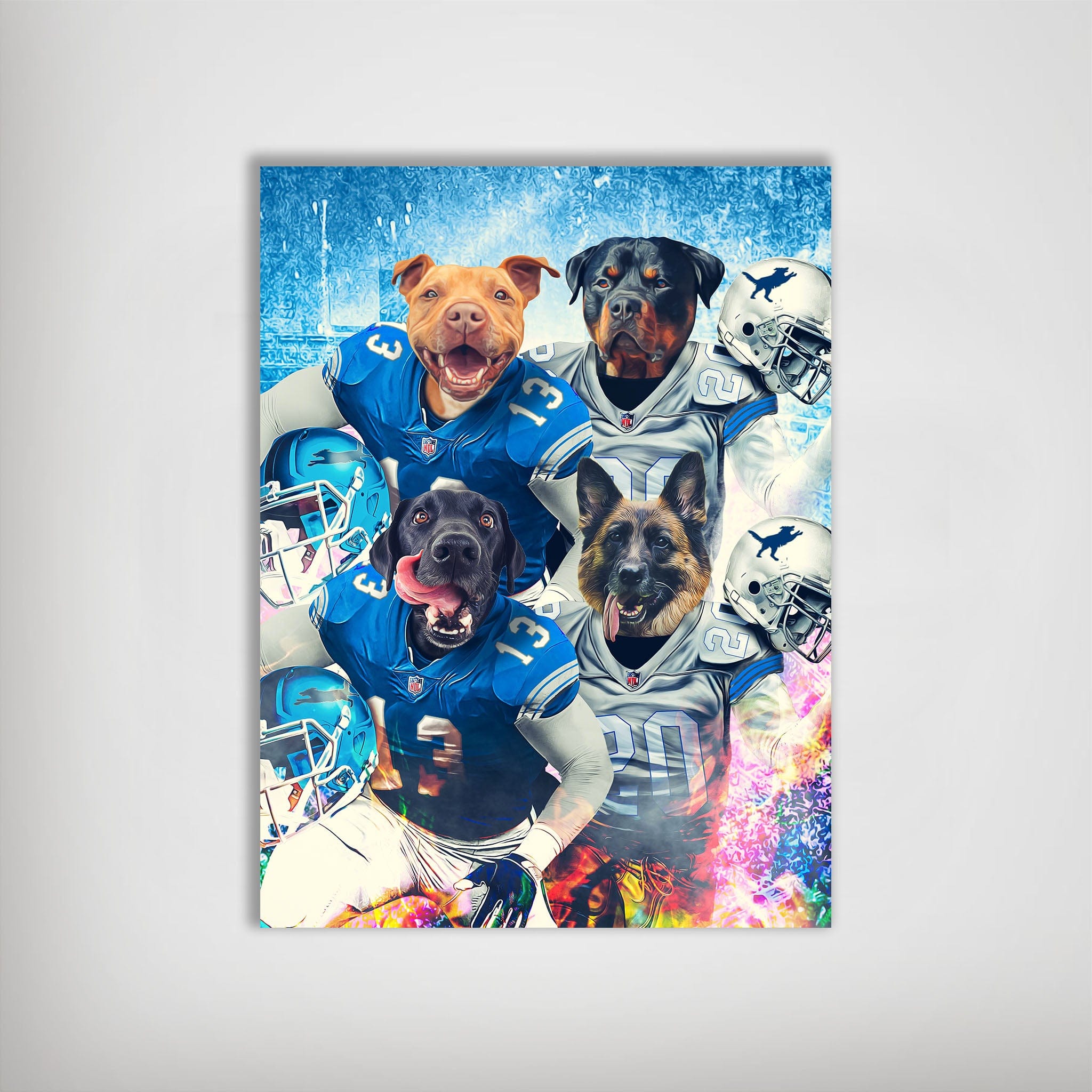 Personalized 'Detroit Doggos' poster featuring four pets in blue and silver football uniforms.