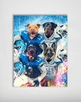 Personalized 'Detroit Doggos' poster featuring four pets in blue and silver football uniforms.