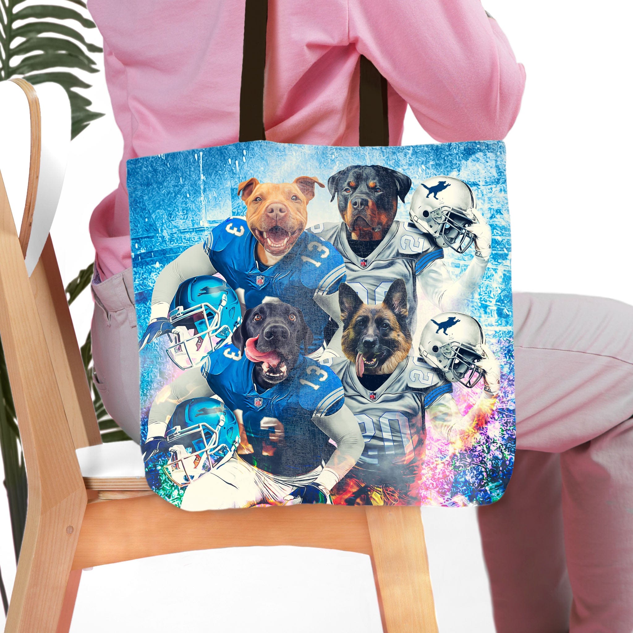 Personalized Detroit Doggos 4-pet portrait tote bag with dogs in football jerseys.