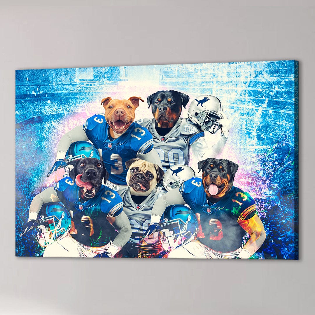 Custom 'Detroit Doggos' canvas featuring five pets as football players in blue and white uniforms.