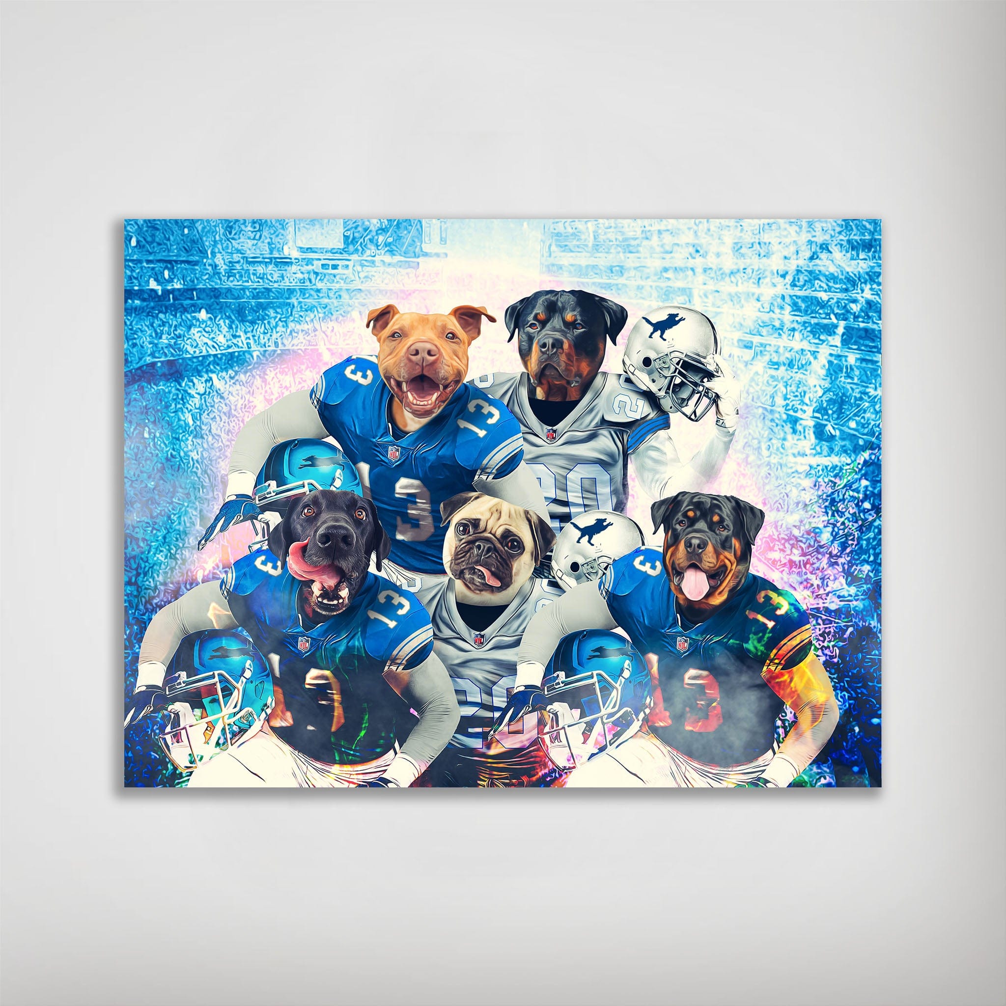 Personalized Detroit Doggos 5-pet poster featuring dogs in football jerseys against a stadium backdrop.