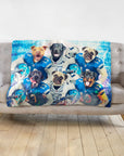 Personalized Detroit Doggos 6-pet blanket with dogs in blue football uniforms on a gray couch.