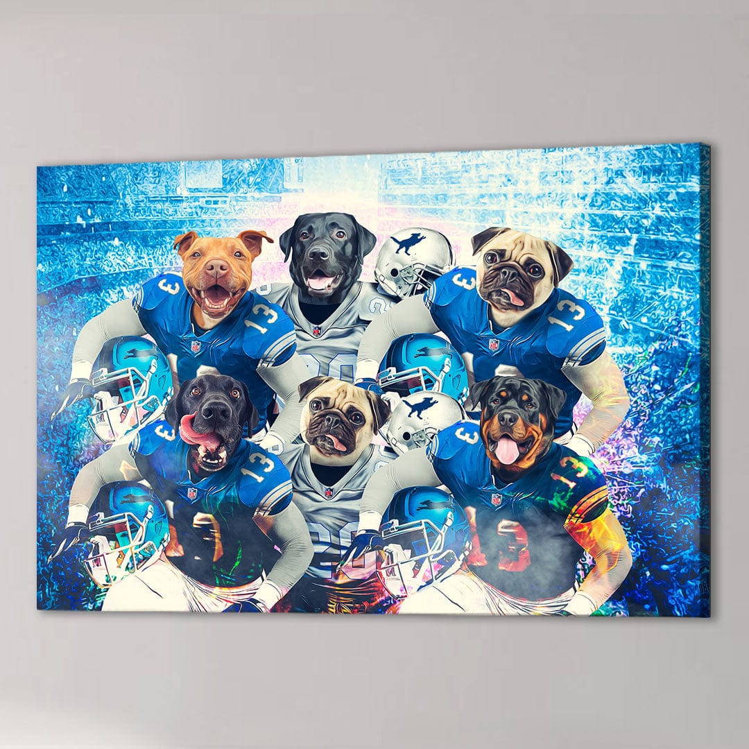 Six personalized pet portraits on a canvas, depicting dogs as football players in blue and white uniforms.