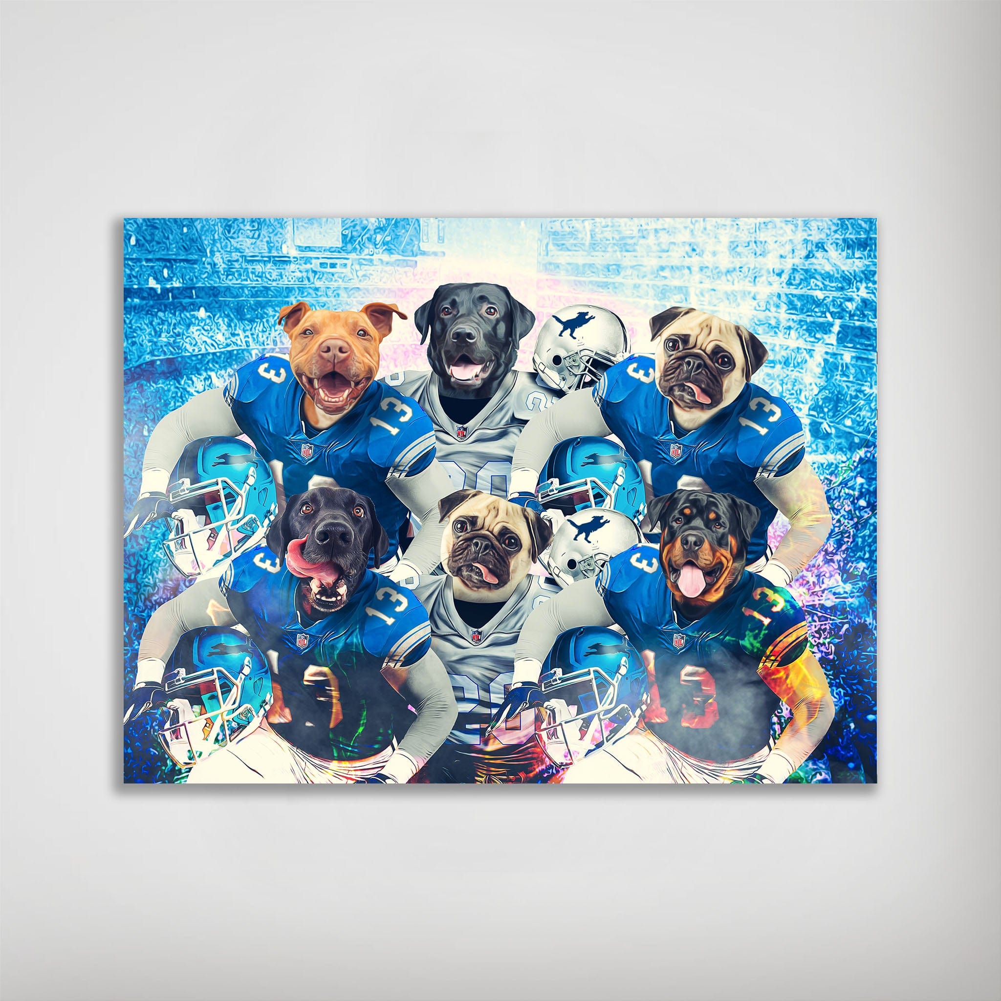 Personalized 'Detroit Doggos' poster featuring six pets as football players in blue and white jerseys.