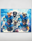 Personalized 'Detroit Doggos' poster featuring six pets as football players in blue and white jerseys.