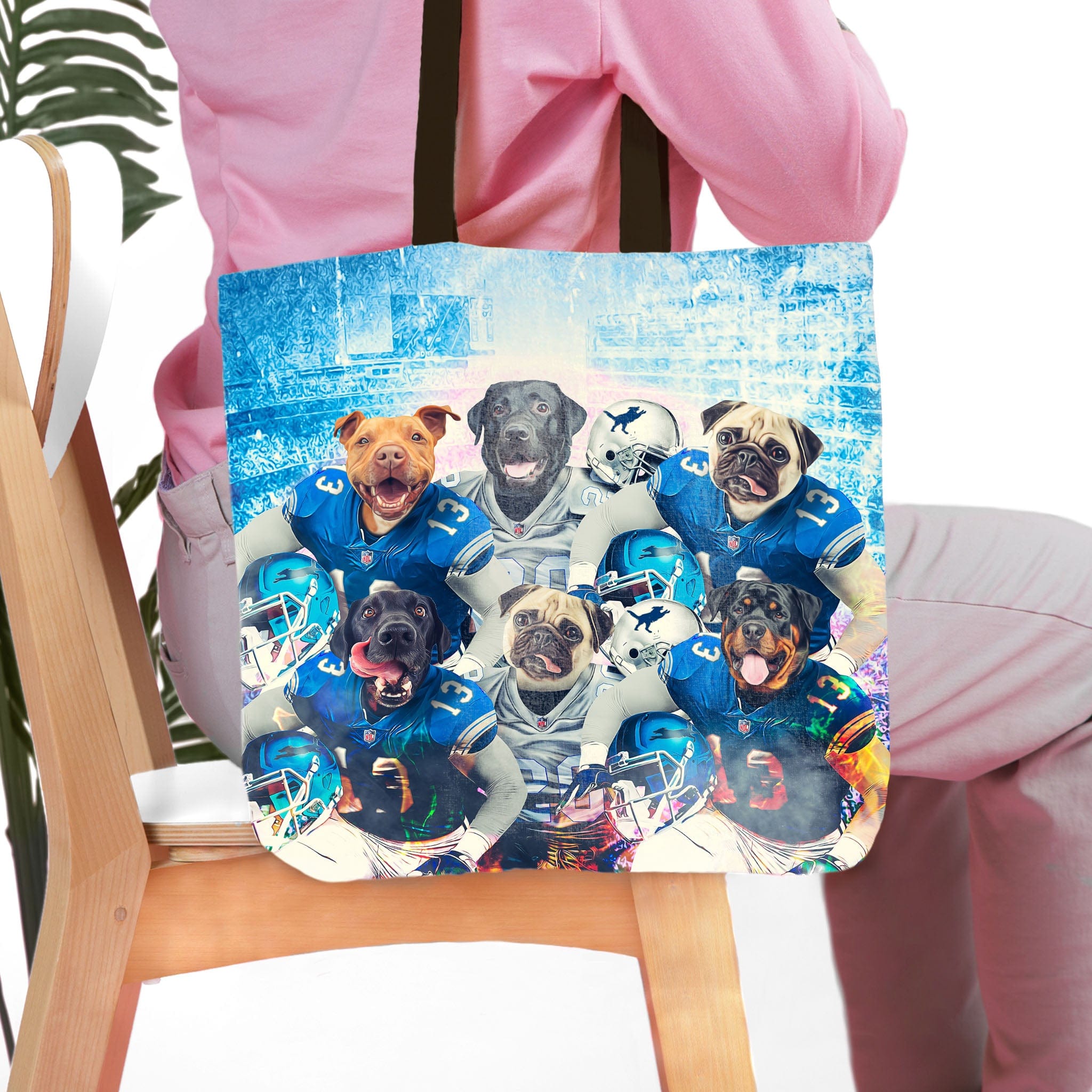 Personalized 6-pet tote bag with dogs in Detroit football uniforms.