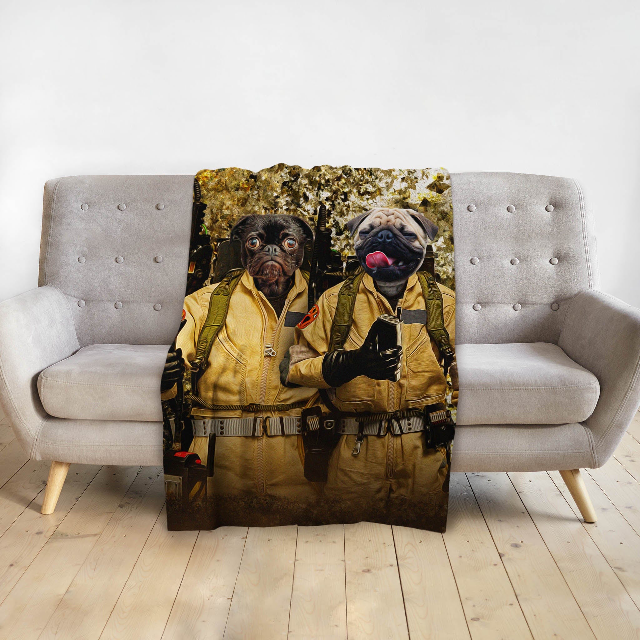 Personalized Dogbusters 2 pet blanket featuring two pugs in Ghostbusters costumes.