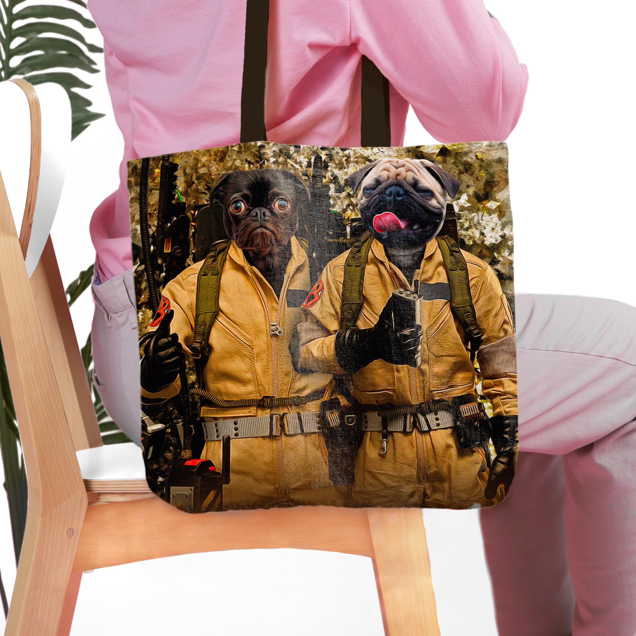 Personalized 'Dogbusters' tote bag featuring two pug pet portraits in cartoon ghostbuster costumes.