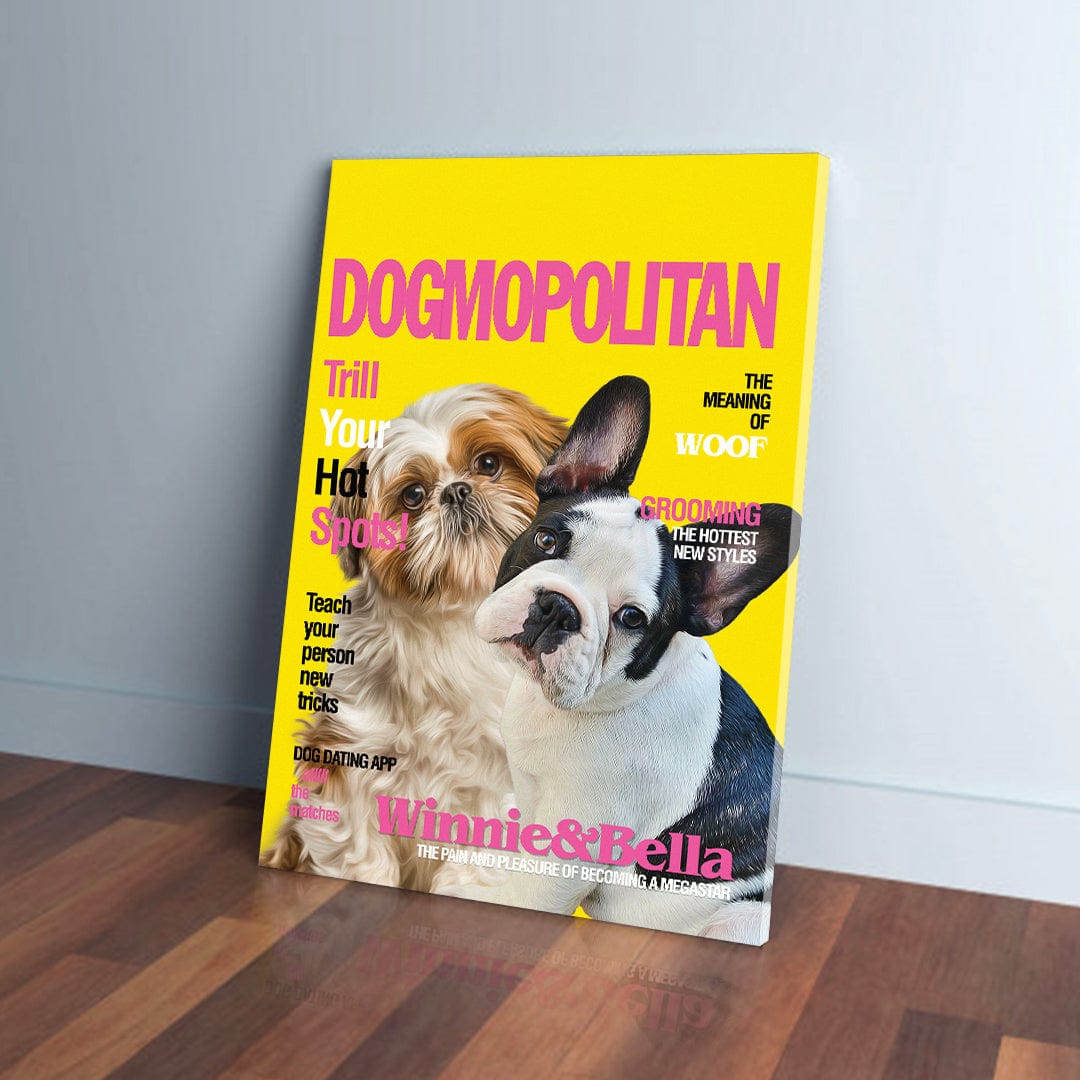 Personalized 'Dogmopolitan' canvas featuring a Shih Tzu and Boston Terrier on a yellow magazine cover.