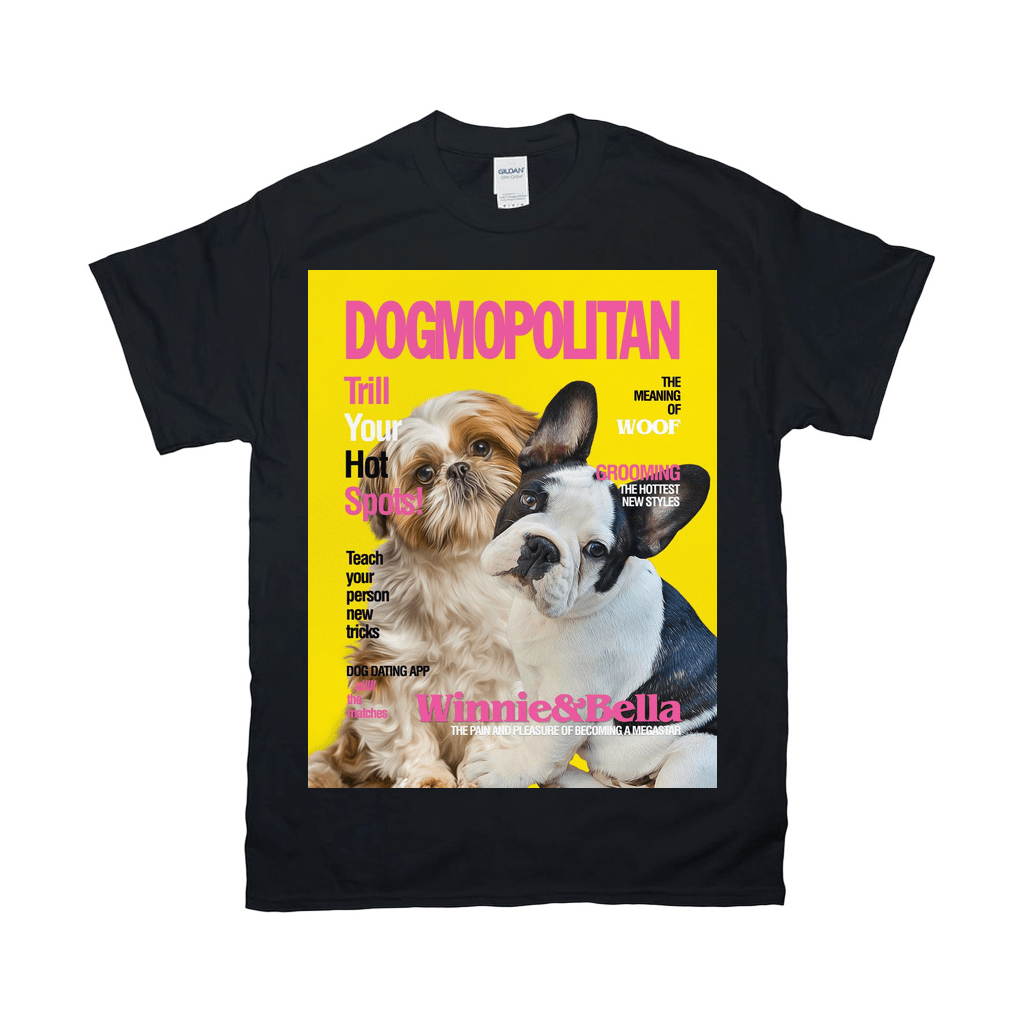 Black Gildan unisex t-shirt featuring a yellow "Dogmopolitan" magazine cover with two personalized dogs.