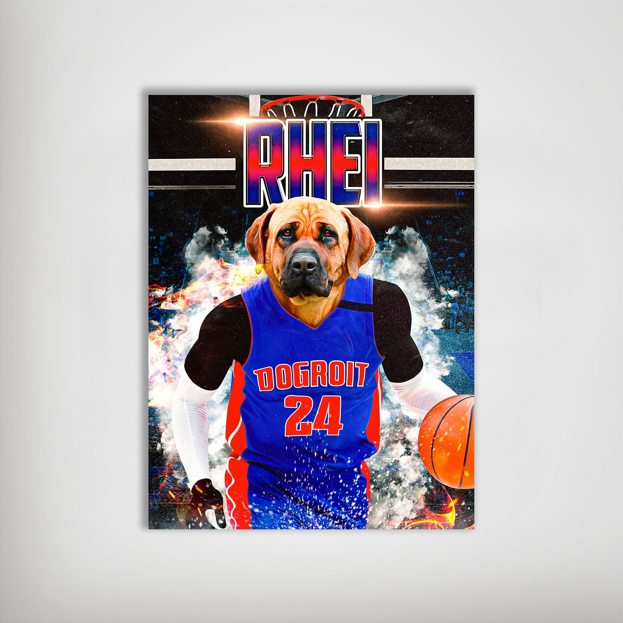 Personalized Dogtroit Pistons poster featuring a dog in a blue basketball jersey with "DOGTROIT 24" and a basketball.