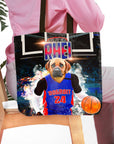 Personalized black tote bag with a custom dog portrait in a blue basketball jersey.