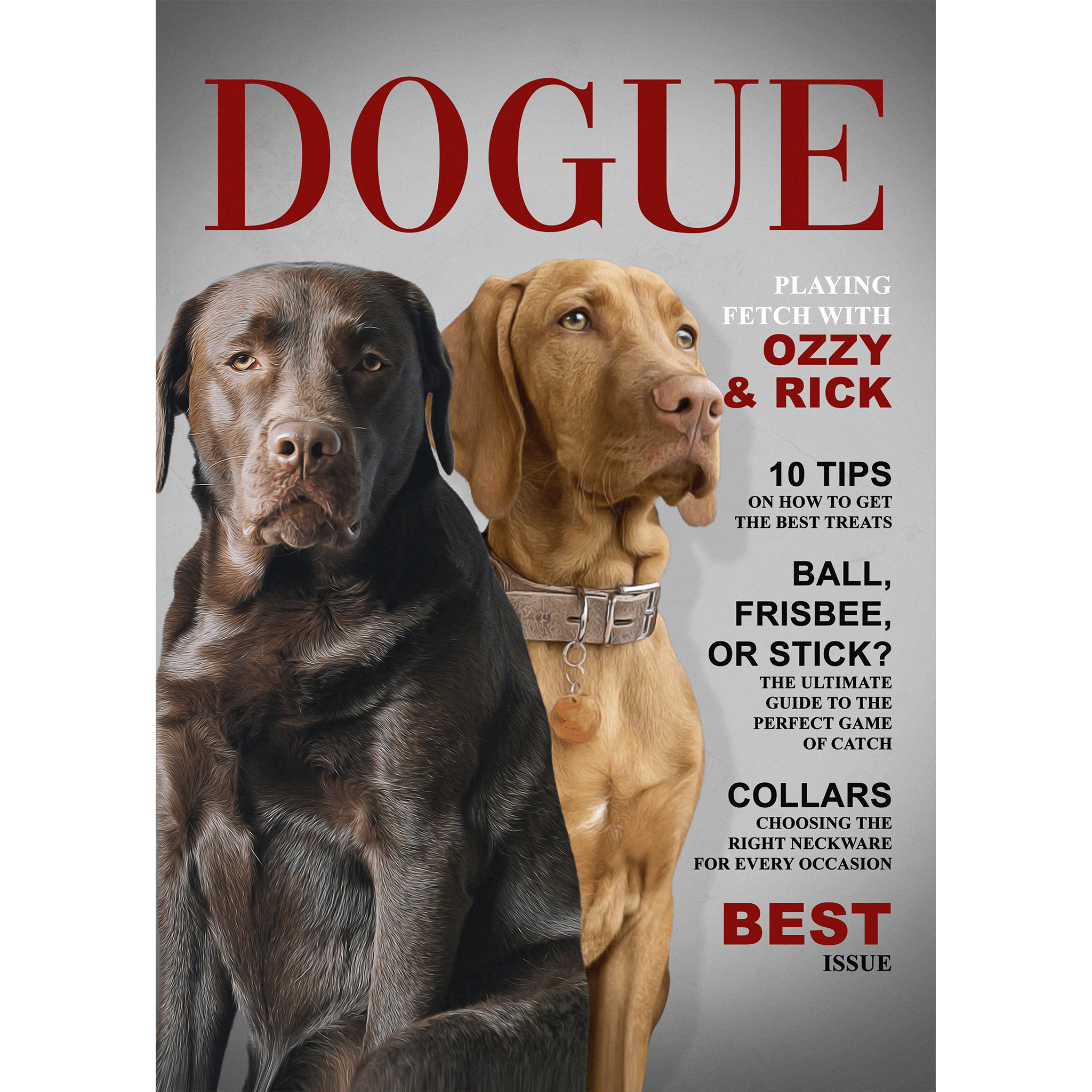 Custom 'Dogue' magazine cover digital portrait featuring two dogs, a chocolate lab and a Vizsla.
