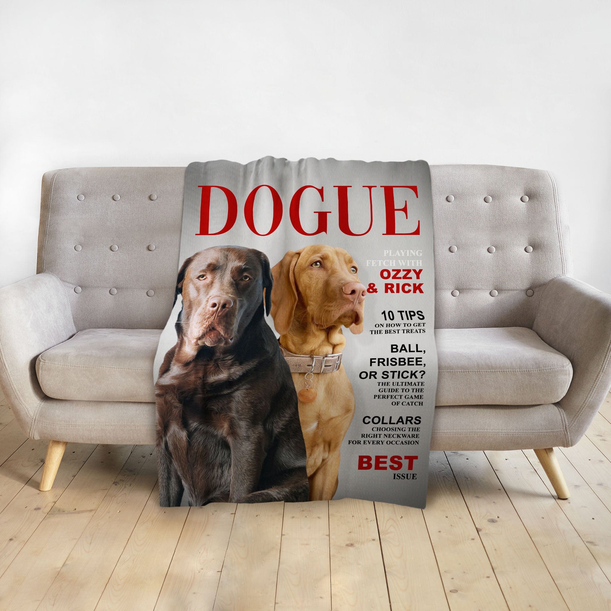 Personalized Dogue blanket with custom portraits of two dogs, a brown labrador and a golden retriever.