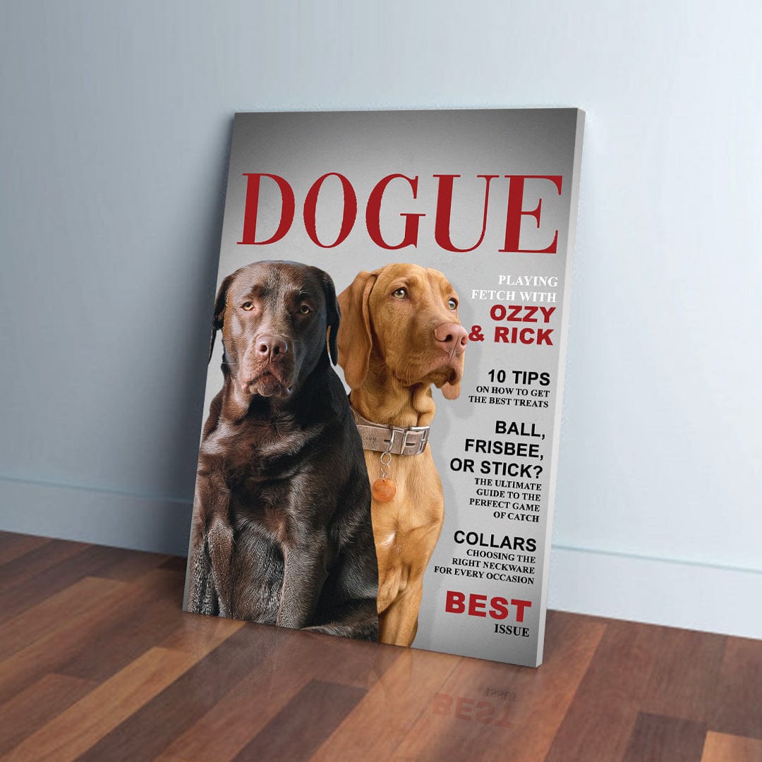Personalized 'Dogue' canvas featuring a chocolate lab and a golden dog on a magazine cover.