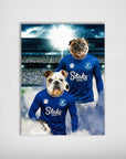 Personalized Everton Doggos Football poster featuring two pets in blue jerseys on a stadium background.