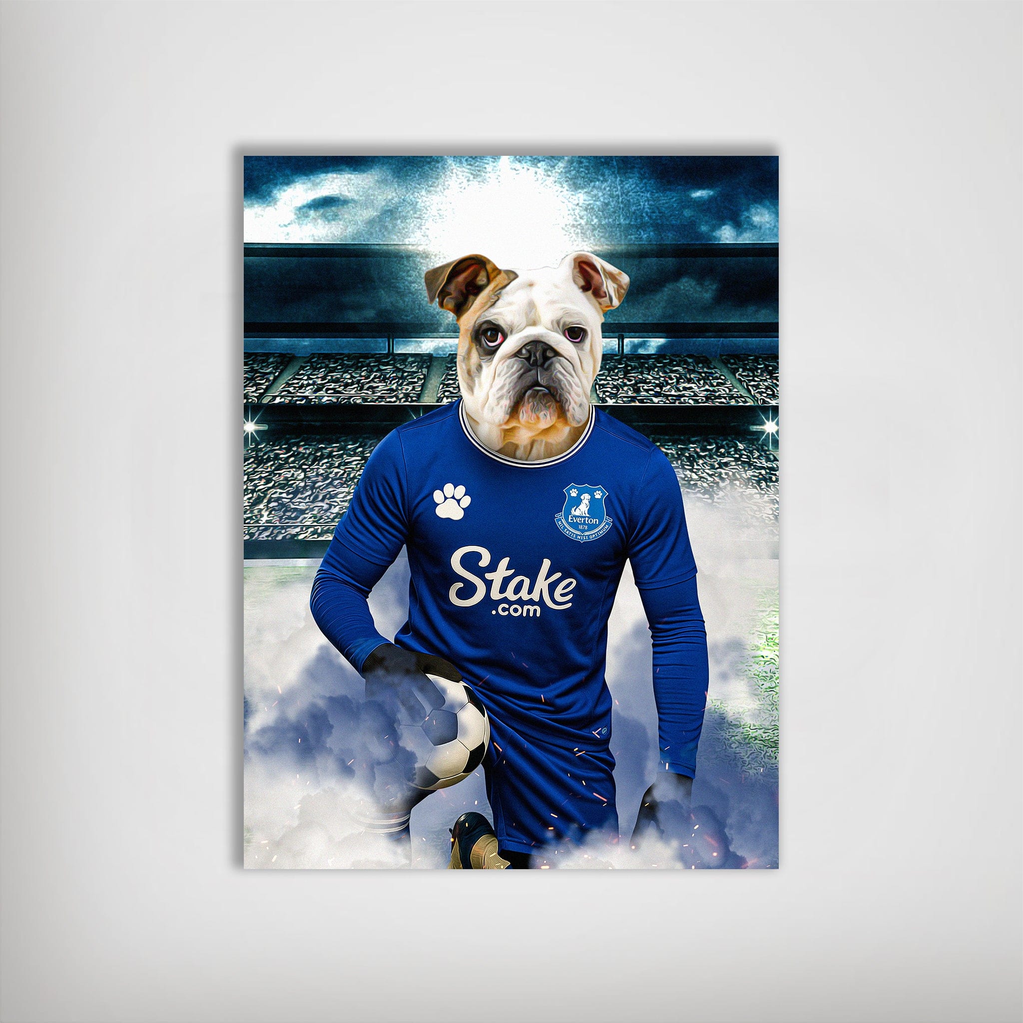 Personalized bulldog pet poster in a blue Everton football kit, holding a soccer ball in a stadium.