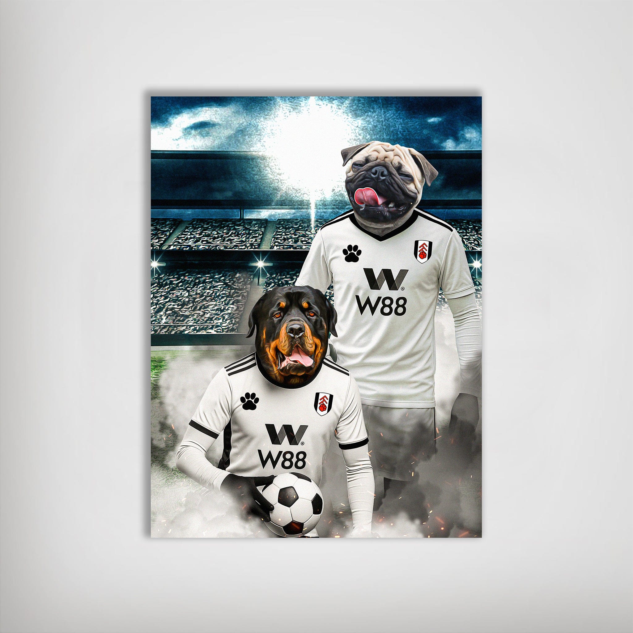 Personalized Fulham Doggos Football poster featuring a Rottweiler and Pug in white jerseys on a stadium background.