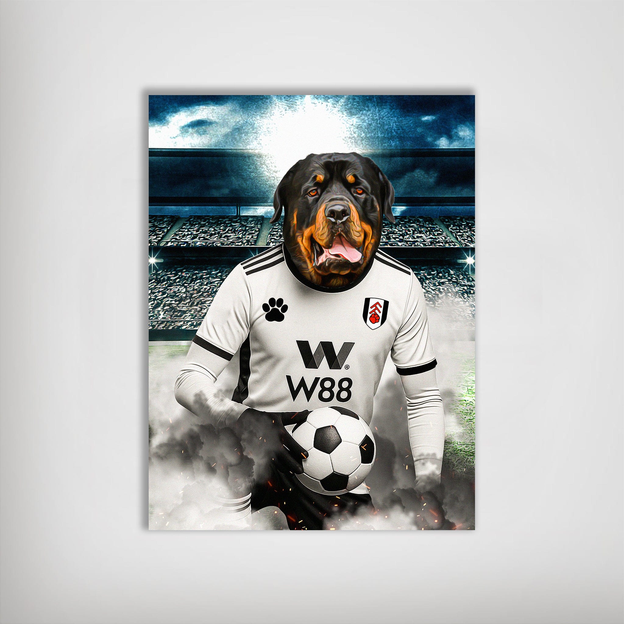 Personalized Rottweiler dog in a white Fulham football kit holding a soccer ball on a stadium poster.