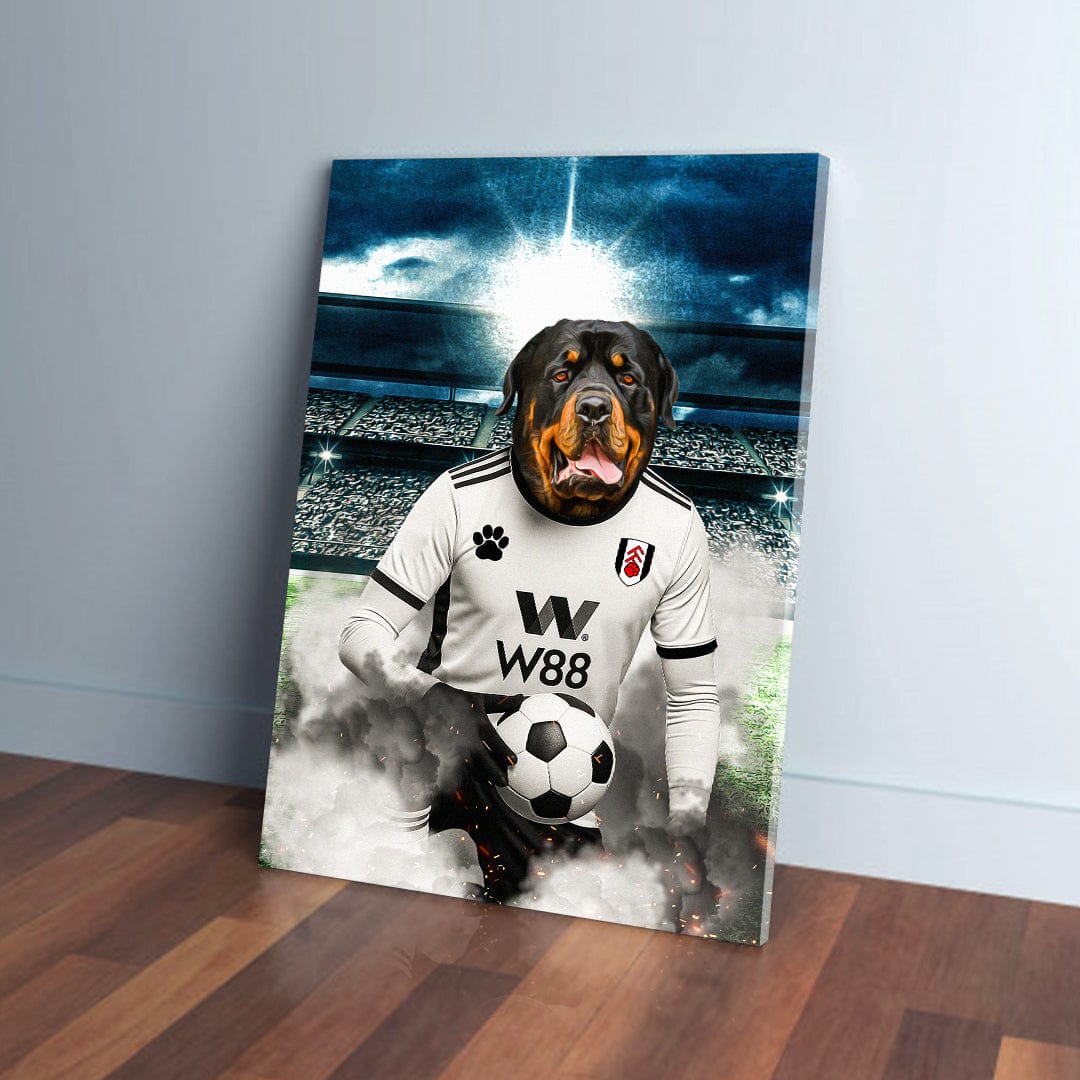 Personalized pet canvas featuring a Rottweiler in a white Fulham football kit holding a soccer ball.