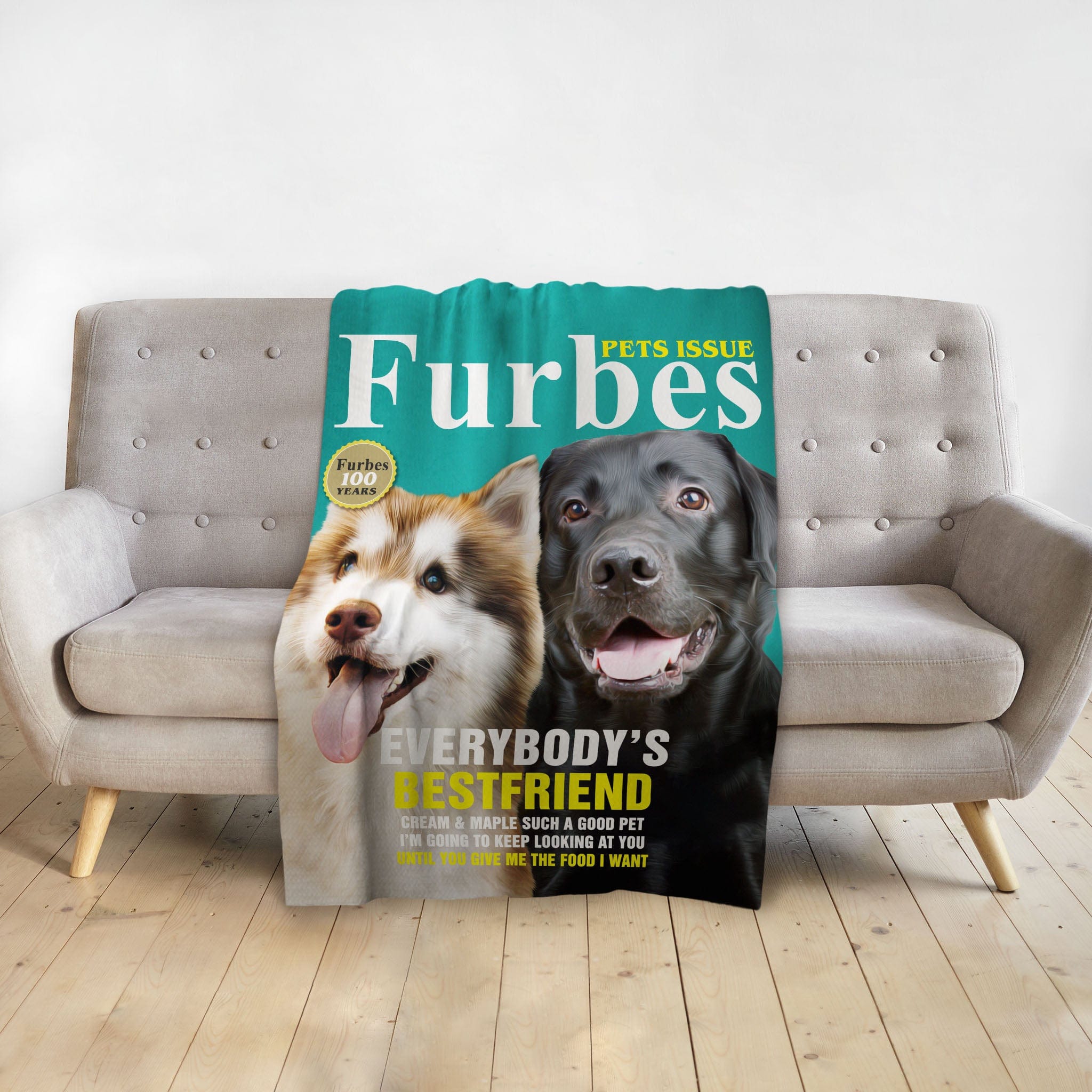 Personalized 'Furbes' pet blanket featuring a husky and black lab on a magazine cover design.