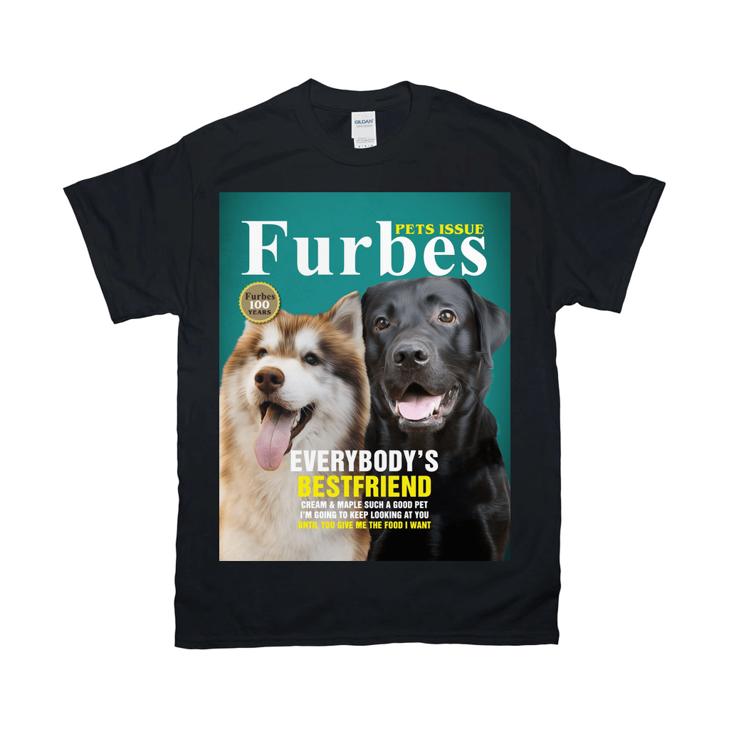 Black Gildan t-shirt with a "Furbes" magazine cover featuring a husky and a black lab.