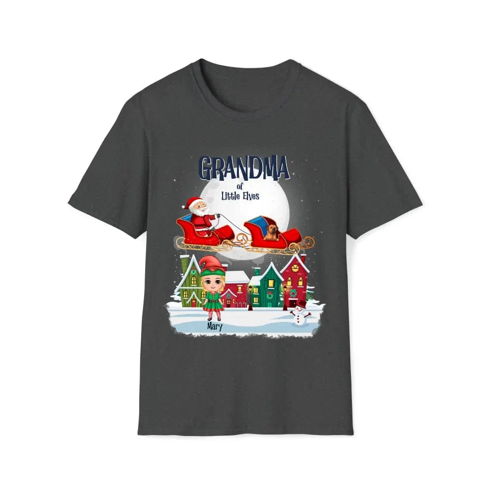 Dark gray Gildan t-shirt with "Grandma of Little Elves" text, Santa in a sleigh, and a personalized elf.
