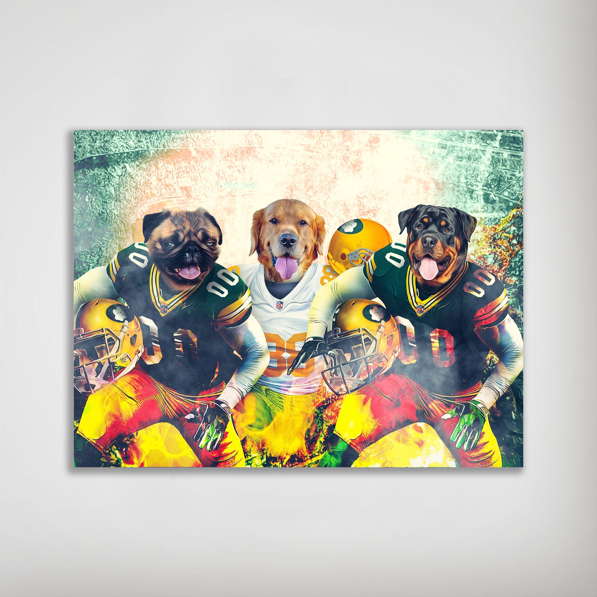 Personalized Green Bay Doggos 3-pet poster featuring a pug, golden retriever, and rottweiler in football uniforms.