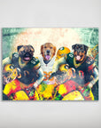 Personalized Green Bay Doggos 3-pet poster featuring a pug, golden retriever, and rottweiler in football uniforms.