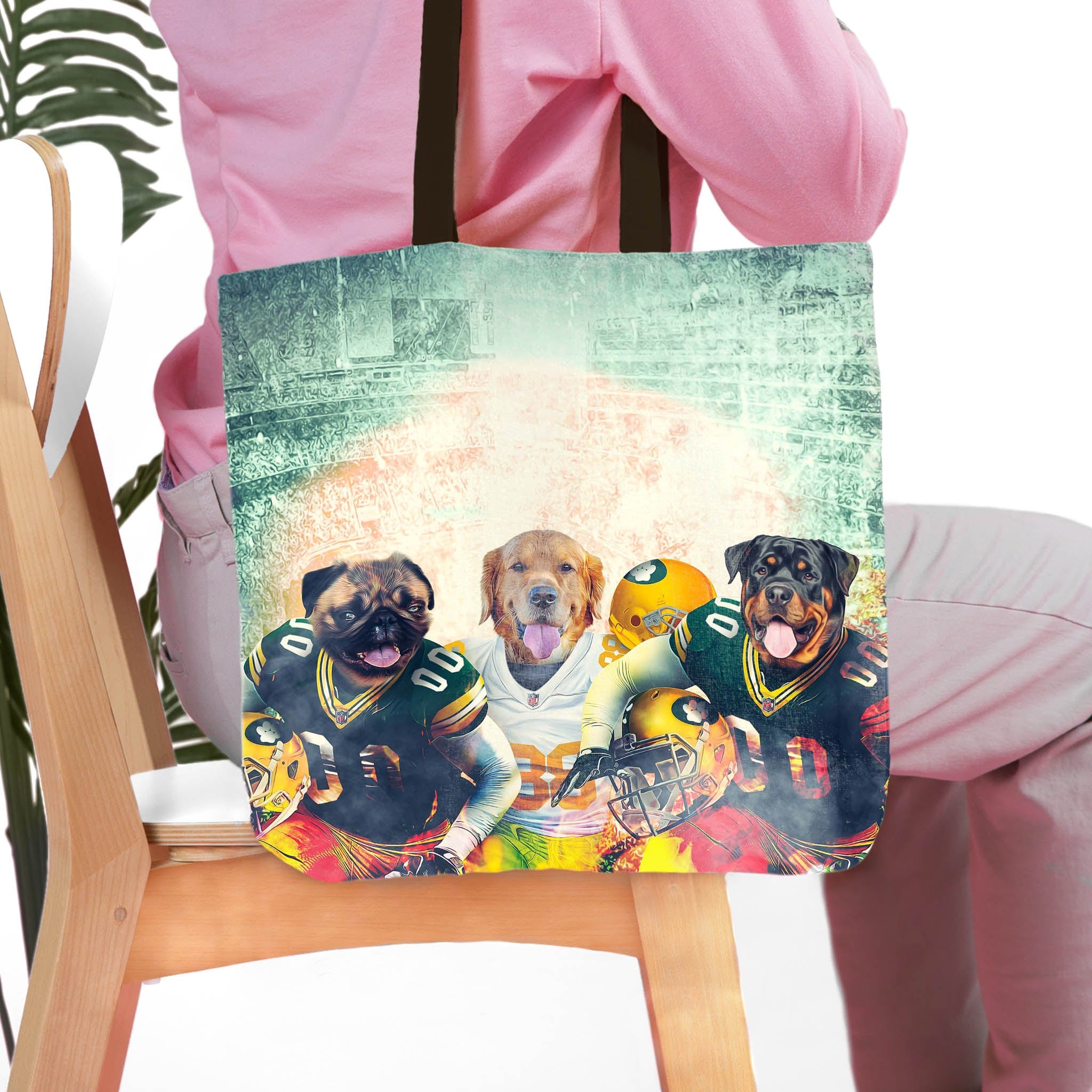 Personalized Green Bay Doggos 3-pet portrait tote bag with dogs in football uniforms.