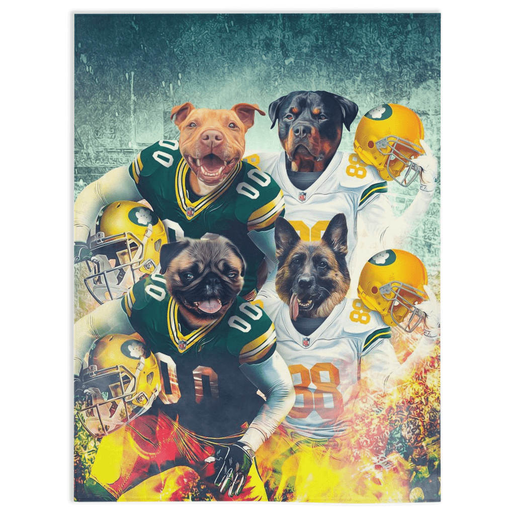 Personalized custom blanket featuring four dogs in Green Bay Packers football uniforms.