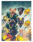 Personalized custom blanket featuring four dogs in Green Bay Packers football uniforms.