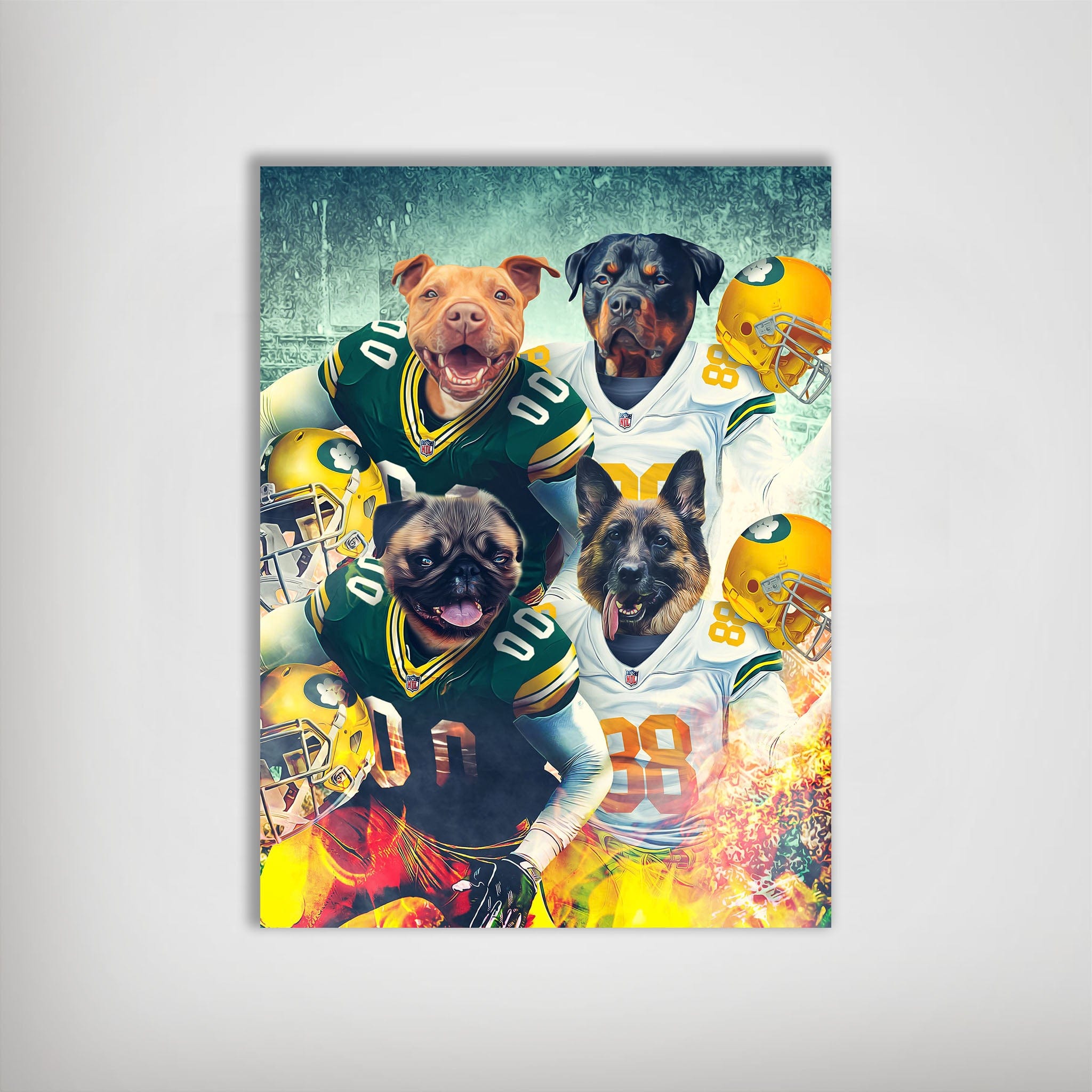 Personalized Green Bay Doggos 4-pet poster featuring dogs in football jerseys and helmets, with fiery effects.